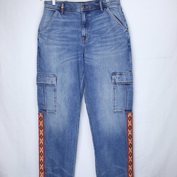Johnny Was Women's Eliza Cargo Jean Medium Wash Boho Embroidered Trim Size 30 - Picture 1 of 13